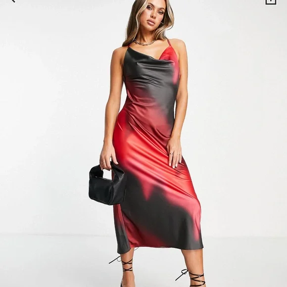 asos red satin dress ASOS DESIGN satin drape long sleeve off shoulder mini dress in red